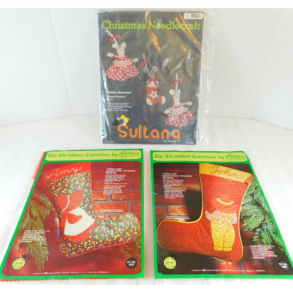 Paragon Needlecraft Christmas Stocking Ornaments Vintage 1976 Calico LOT 3 Kits